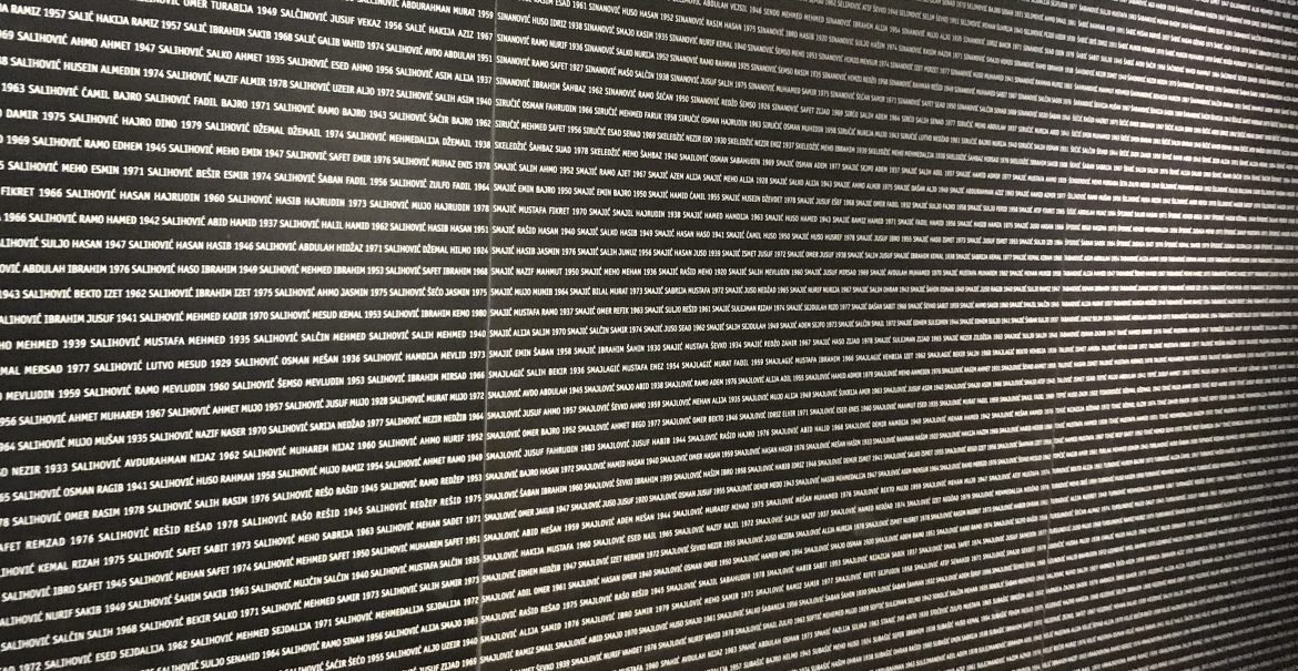 The photo is taken by Riada Asimovic Akyol at "Gallery 11/07/95" in Sarajevo, Bosnia and Herzegovina. It is exhibition space aiming to preserve the memory of Srebrenica genocide. The photo contains names of the victims.